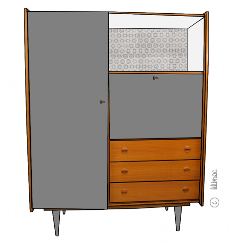 Armoire secrétaire vintage achille croquis de relooking 1