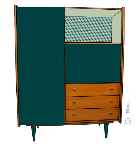 Armoire secrétaire vintage achille croquis de relooking 2